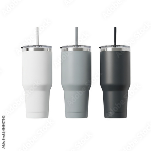 Three insulated tumblers in white grey and black with straws displayed side by side transparent background
