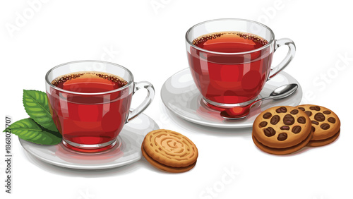 Two clear glass cups filled with dark red tea, placed on saucers, with cream-filled cookies and green tea leaves nearby.