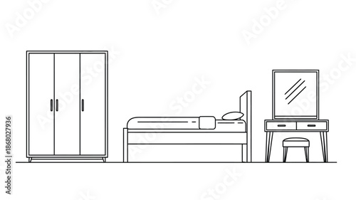Simple bedroom furniture arrangement in a clean minimalist style silhouette