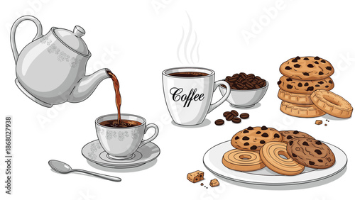 Coffee being poured from a silver pot into a white mug labeled "coffee", with coffee beans, cookies, and a spoon on a table.