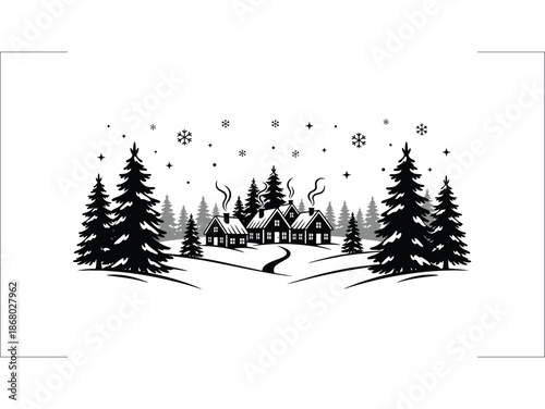 Winter village scene with snow covered trees and cozy houses silhouette