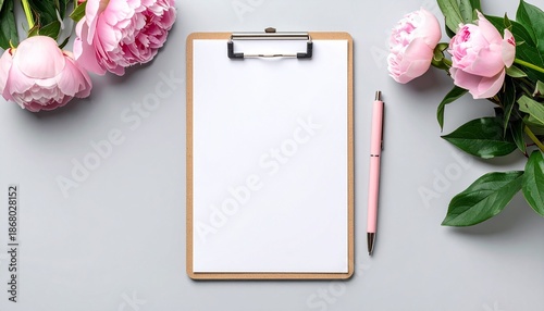 Beautiful flat lay composition of a blank white paper clipboard and a pink pen surrounded by large romantic peony flowers on a gray table space to text. copy text.