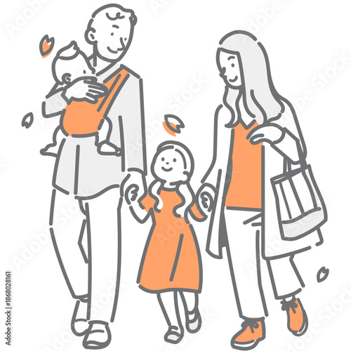 春のお散歩を楽しむ若い家族　シンプルでお洒落な線画イラスト