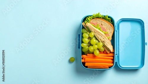 Fresh homemade packed lunch in a blue container with whole wheat sandwich lettuce grapes and carrots perfect for a nutritious meal at school or office space to text. copy text.
