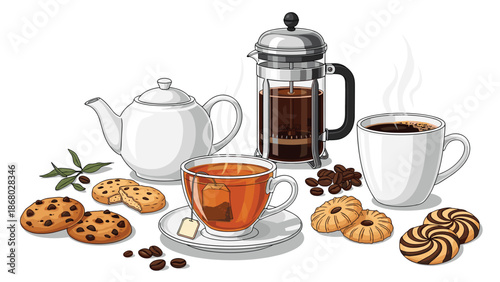 A still life arrangement of tea and coffee with assorted cookies, featuring a teapot, French press, cups, and pastries.