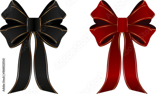Vector clipart of two decorative gift bows. One black and one red ribbon bow with gold trim, realistic glossy style, front view. Isolated single objects