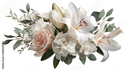 Elegant white lily and rose floral arrangement with greenery romantic botanical decoration isolated on white background