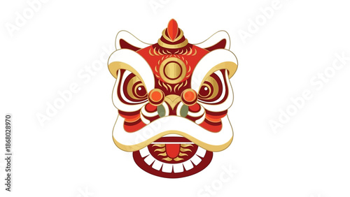 A vibrant Chinese New Year mascot head with intricate designs and bold colors, symbolizing luxury and cultural heritage, against a clean white background with a festive and joyful mood.