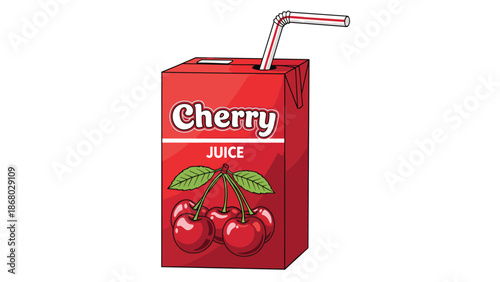 A red juice box with a straw, featuring cherries and the text "Cherry JUICE", on a white background.