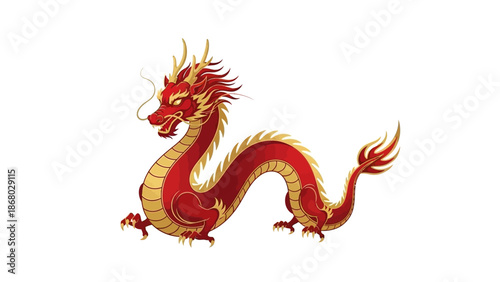 A vibrant red and gold dragon mascot against a clean white background, symbolizing Chinese New Year in a luxurious setting with warm tones.