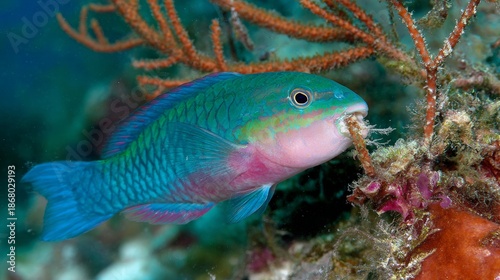 Colorful Parrotfish Swimming Among Vibrant Coral Reefs in Ocean