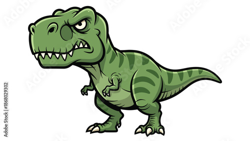 An angry green Tyrannosaurus Rex cartoon dinosaur with sharp teeth and claws, roaring and looking menacing.