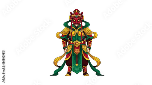 A vibrant Chinese New Year mascot stands against a clean white background, adorned in luxurious gold, red, and green attire with intricate designs, exuding a festive and cultural atmosphere