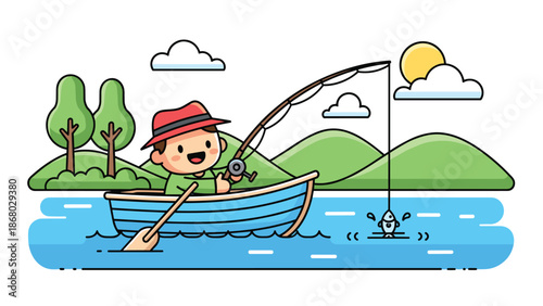 A happy fisherman in a boat catching a fish, with trees, hills, sun, and clouds in the background.