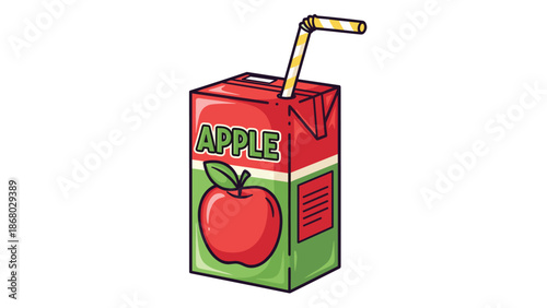 A red apple juice carton with a straw and an illustration of an apple and leaves.