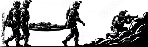Black and white woodcut style illustration of soldiers carrying a wounded comrade on a stretcher while under cover during combat,