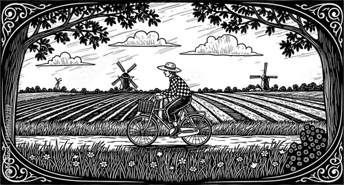 Black and white woodcut style illustration of a person riding a bicycle past farm fields and windmills in rural Netherlands,