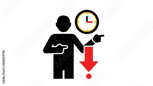 Man pointing at clock and downward arrow indicating time passing.