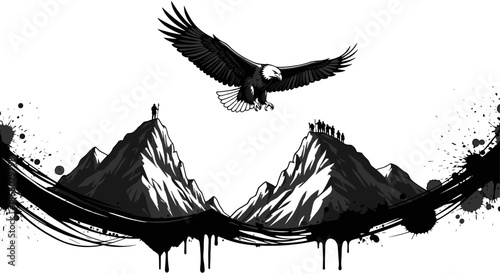 Bald eagle flying over snow mountains, majestic bird of prey soaring above peaks, grunge splatter ink style nature landscape illustration.