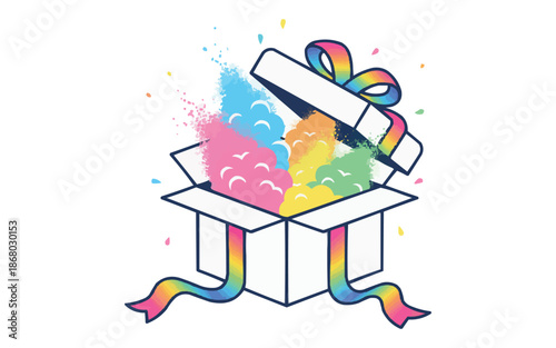 Vibrant gift box overflowing with colorful confetti and rainbow ribbons