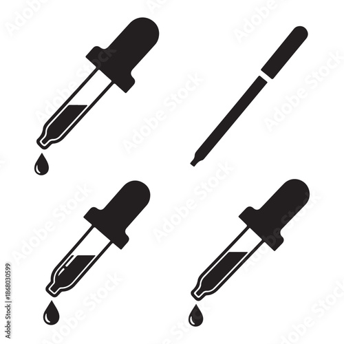 A set of four minimalist black-and-white icons depicts chemical droppers or pipettes arranged in a 2x2 grid. Three of the icons show a dropper containing liquid, with a single drop falling from the 