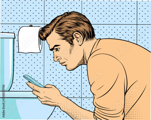 Man intensely focused on smartphone while on the toilet
