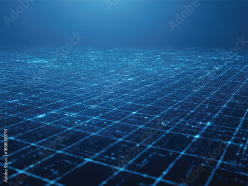 Futuristic grid pattern with blue lights on dark background