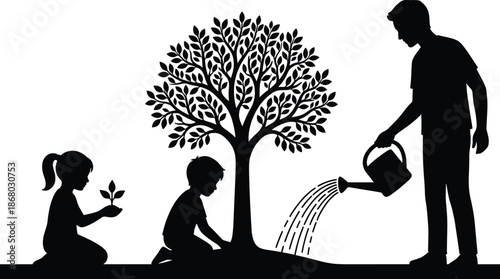 Family planting tree silhouette illustration showing father and children gardening together symbolizing growth education and environmental care concept