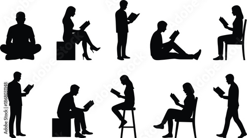 People reading book silhouettes set illustration showing men and women reading in different sitting and standing poses isolated on white background