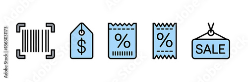 Set of financial and shopping icons isolated on transparent background