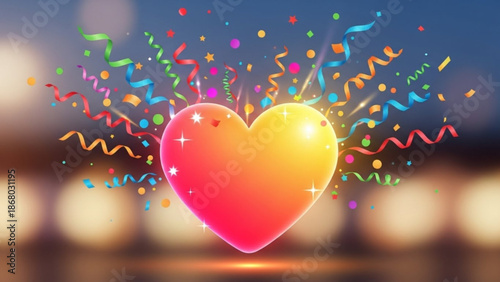 Vibrant heart symbol surrounded by colorful confetti and ribbons on a blurred background for celebrations and joyful occasions with party and love
