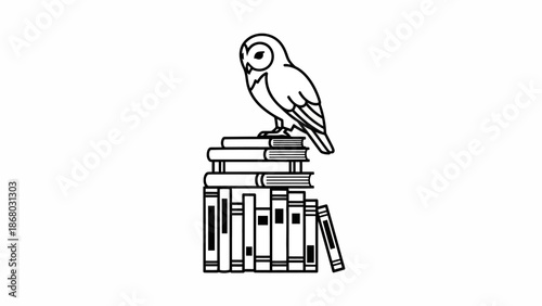Monochrome Owl Bird Perched on Stack of Books Illustration