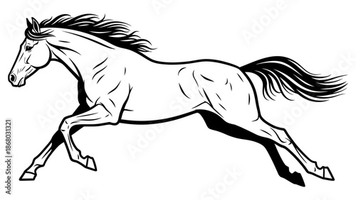 A dynamic black silhouette of a wild mustang stallion running in a gallop across a farm, featuring a detailed mane and tail in a clean equestrian vector illustration art design