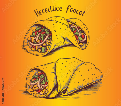 This one's got that sunny, inviting glow—two golden hard-shell tacos overflowing with fresh veggie fillings (lots of greens, tomatoes, and herbs—very vegetarian/vegan-friendly!), hand-illustrated on a