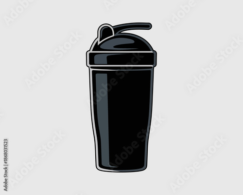 Black plastic sports protein shaker bottle.
