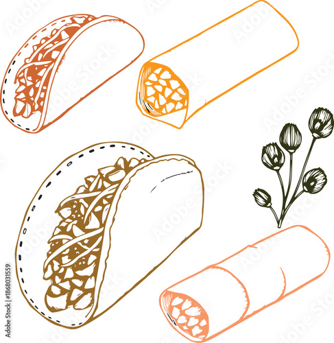 
This one's got a fresh, minimalist charm—simple orange-line doodles of classic tacos (hard shells with fillings), rolled burritos/enchiladas, and delicate little herb sprigs (like cilantro or parsley