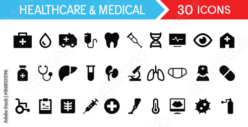 Set of 30 Healthcare and Medical Icons. Containing Diagnostic Tools, Telemedicine and Hospital Equipment Illustrations
