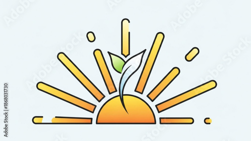 Vibrant sunrise with green leaf sprouting from center symbolizing growth and new beginnings in a colorful illustration with hope and renewal