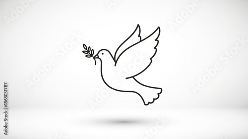 A minimalist line drawing of a dove flying with an olive branch in its beak on a white background with subtle shading with peace and harmony
