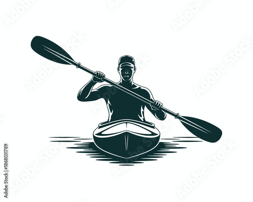 Man kayaking on a serene waterway.