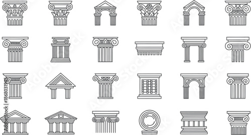 Ancient Greek Architectural Elements and Columns Line Art Keywords: greek column, capital, entablature, arch, pediment, temple, building