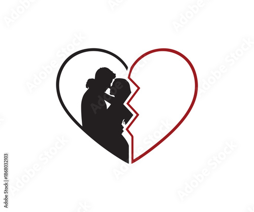 Couple embracing in broken heart silhouette.
