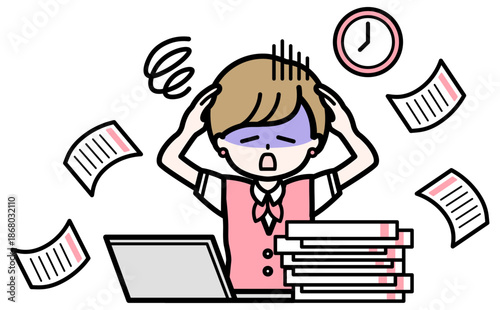 書類に追われて困る事務員のイラスト 女性のシンプルな残業のイメージ素材