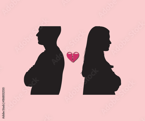 Couple in conflict with broken heart symbol between them.