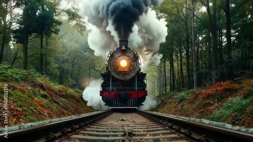 A steam train chugs along the tracks through a dense forest with smoke billowing