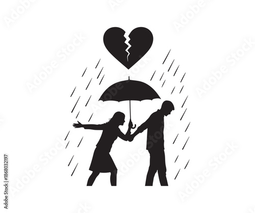 Couple struggling in rainy breakup with broken heart.