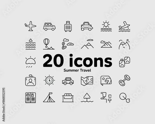 Collection of simple line icons representing summer travel and vacation elements.