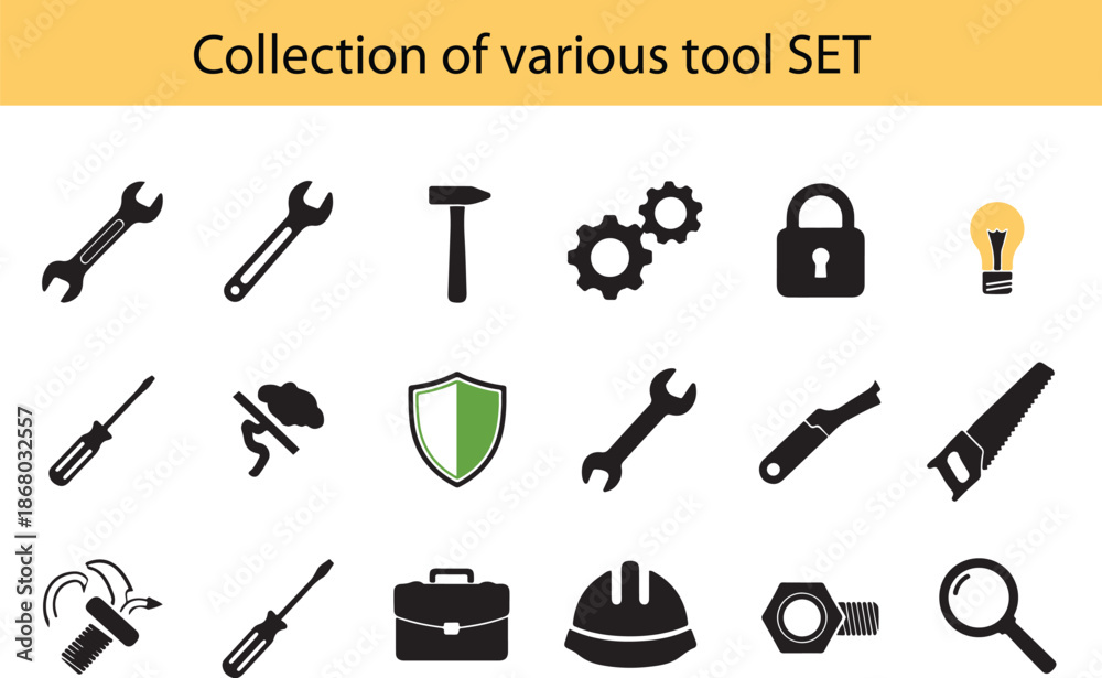 Obraz premium Collection of various black tool and equipment icons arranged in a grid.