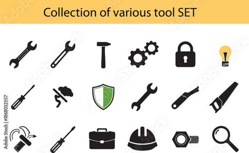 Collection of various black tool and equipment icons arranged in a grid.