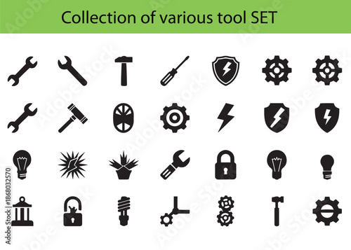 Collection of various black tool Set and equipment icons arranged in a grid.